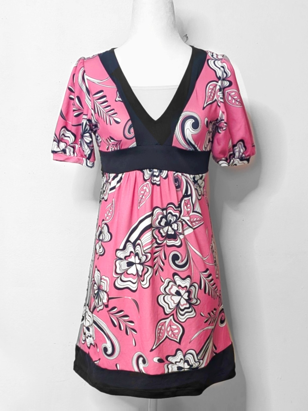 2000s Mary-Kate And Ashley Y2K Pink Black Trim Floral Mini Dress | Size 10/12